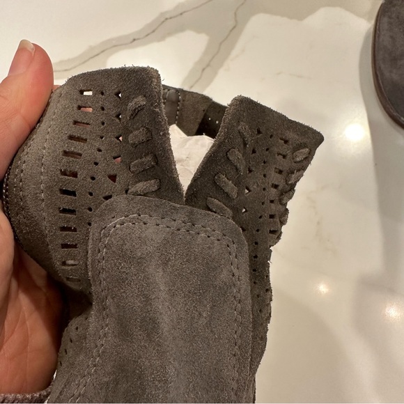 VINCE CAMUTO Grey Suede Side Zip wooden Heel Booties - Picture 7 of 7